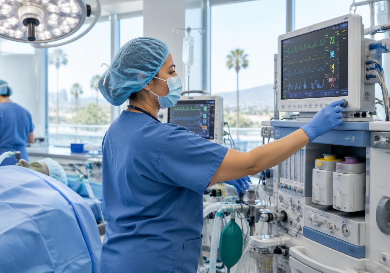 Anesthesia provider adjusting an anesthesia machine and patient monitor in a California operating room