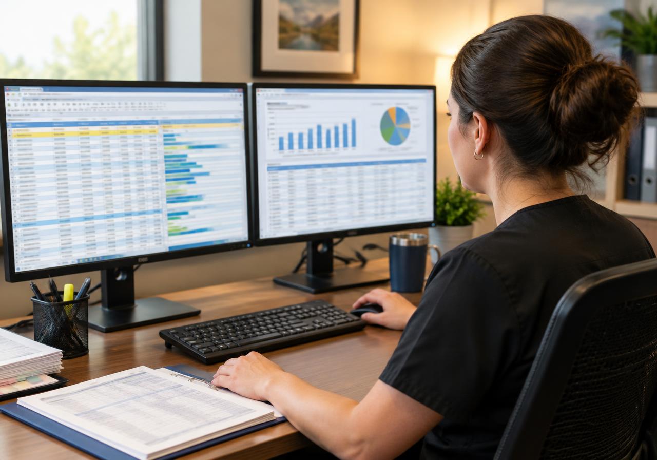Billing specialist reviewing anesthesia claim and payment reports on two monitors