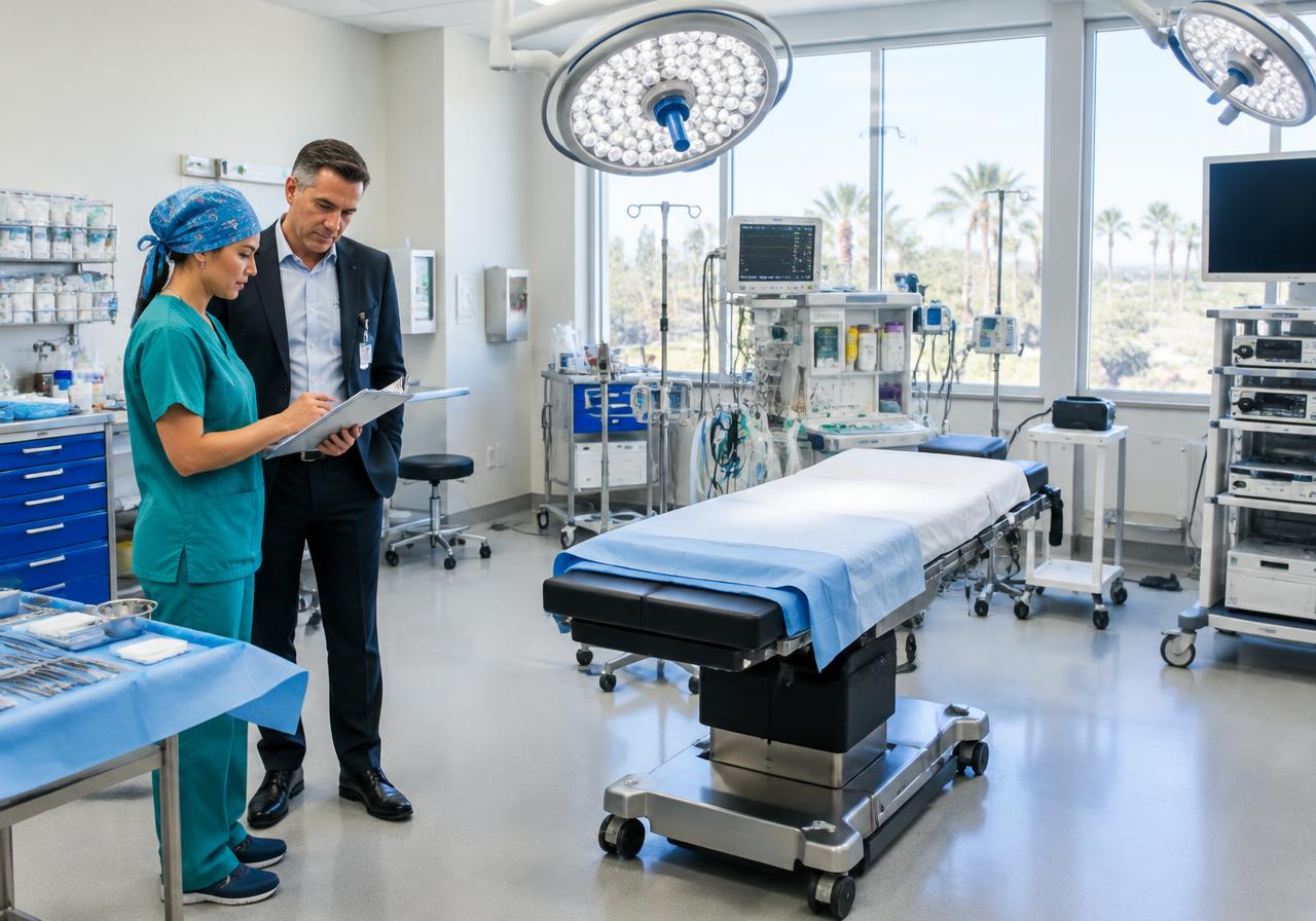 Ambulatory surgery center staff reviewing the pre-case checklist in a California operating room
