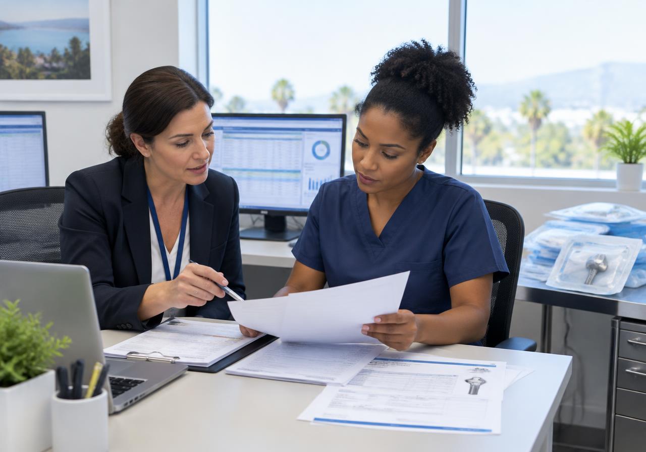 ASC billing specialist and surgery center administrator reconciling a case record and implant invoice