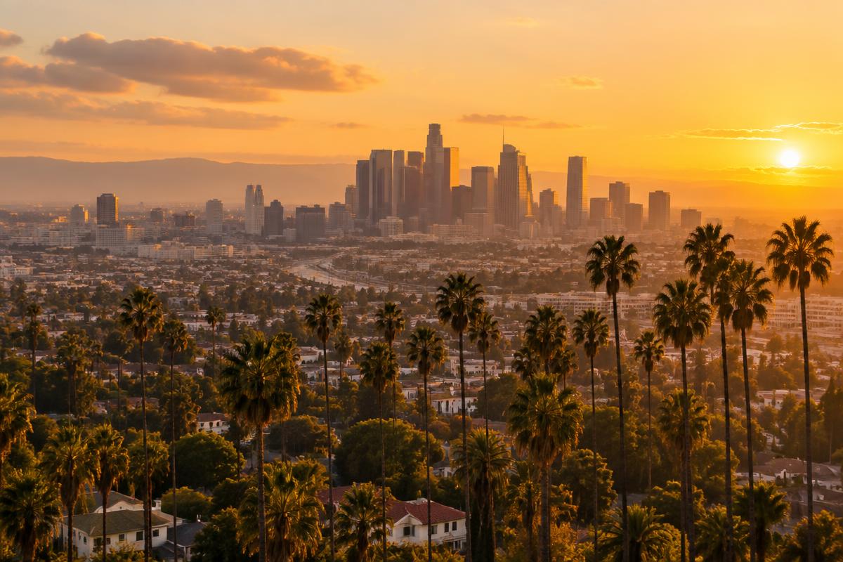 California city skyline at sunset with palm trees