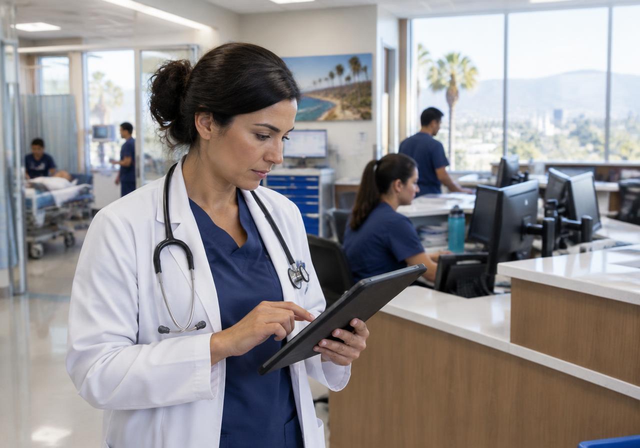 Emergency physician reviewing a chart on a tablet at a California hospital ED nurses station