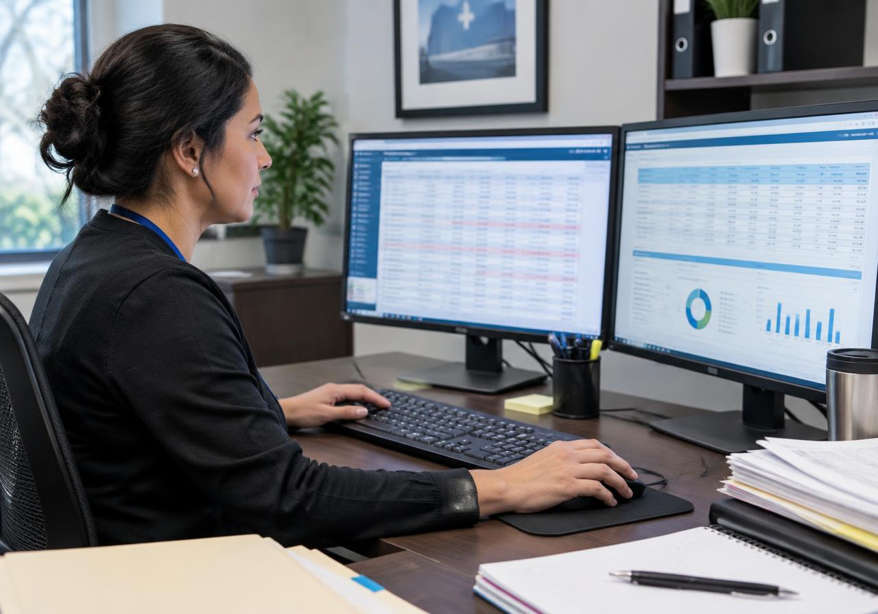 Billing specialist reviewing emergency department claims and remittance reports on two monitors