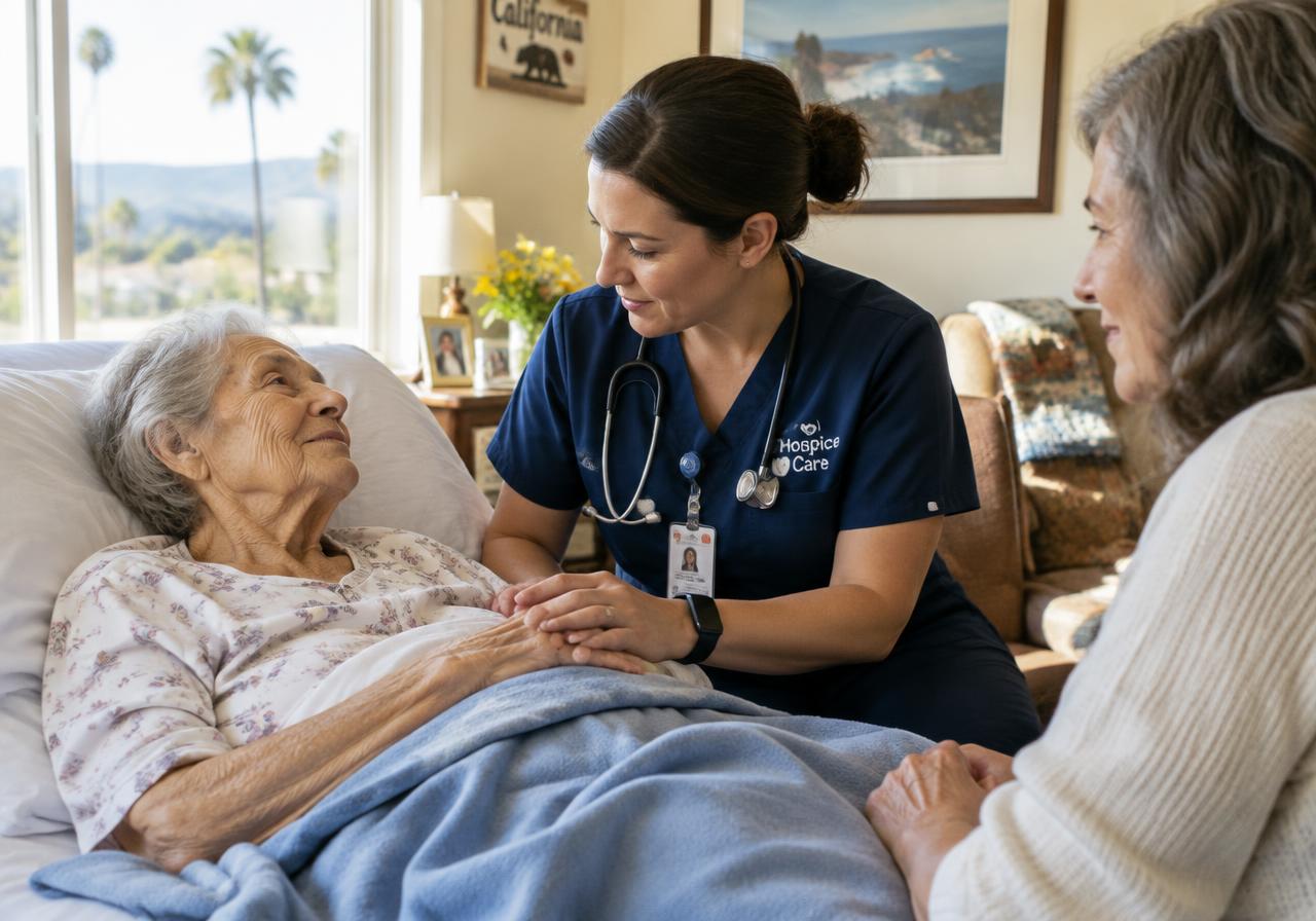 Hospice nurse providing routine home care to a patient in California