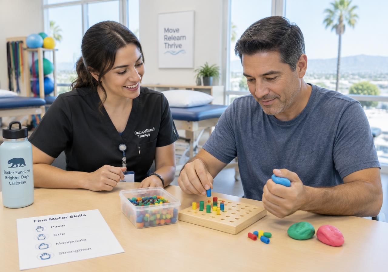 Occupational therapist guiding an adult patient through fine motor exercises with a pegboard and therapy putty