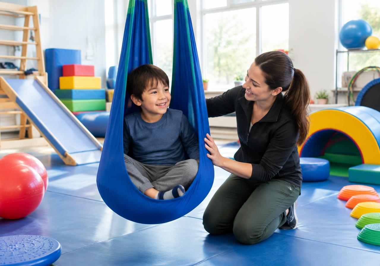Pediatric occupational therapist supporting a smiling child on a sensory swing in a therapy gym