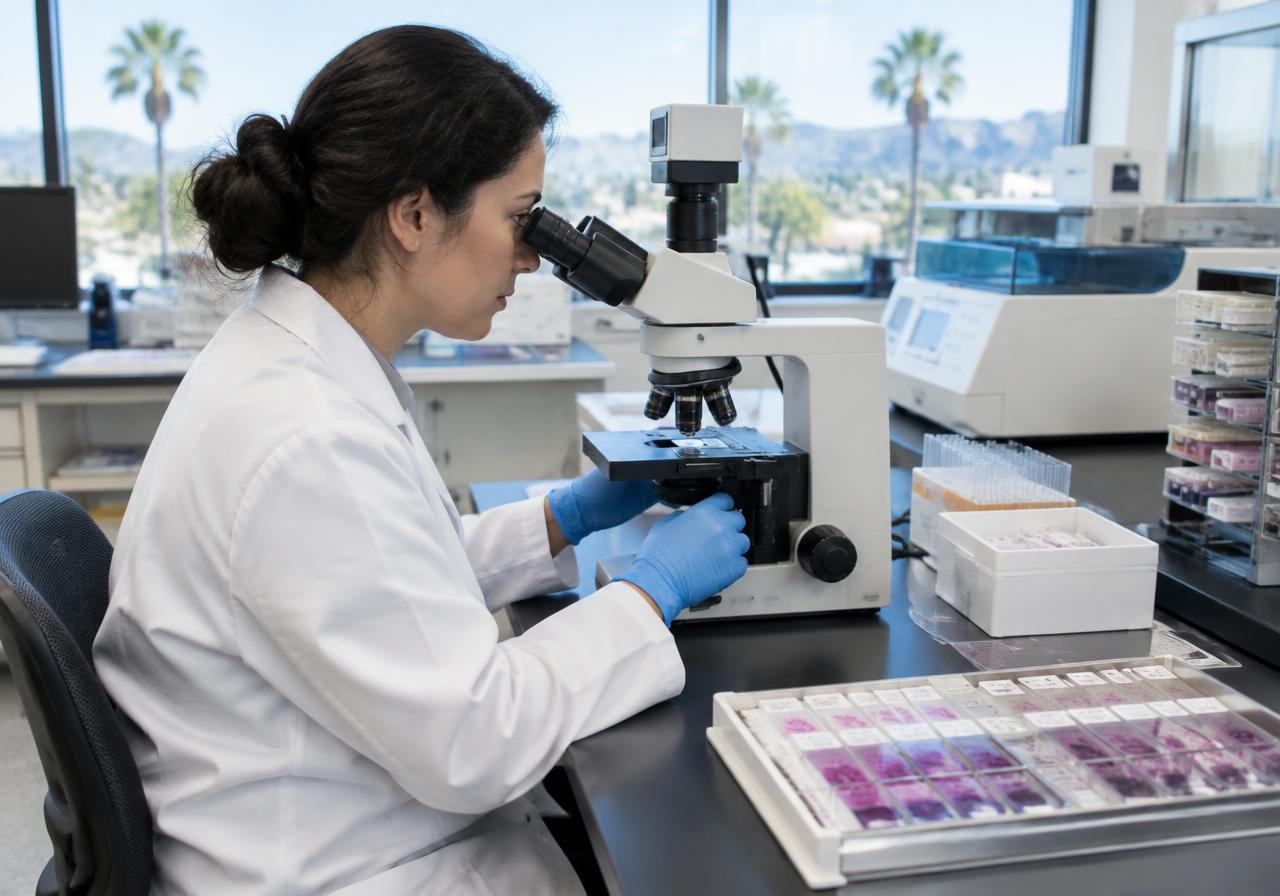 Pathologist examining tissue slides through a microscope in a bright laboratory