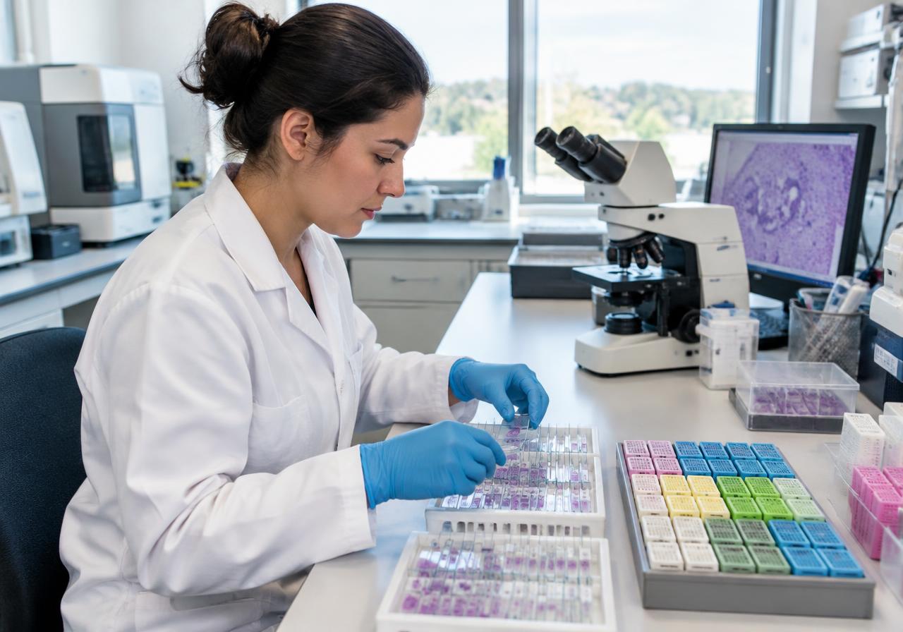 Laboratory technologist organizing tissue slides and specimen cassettes at a pathology workstation