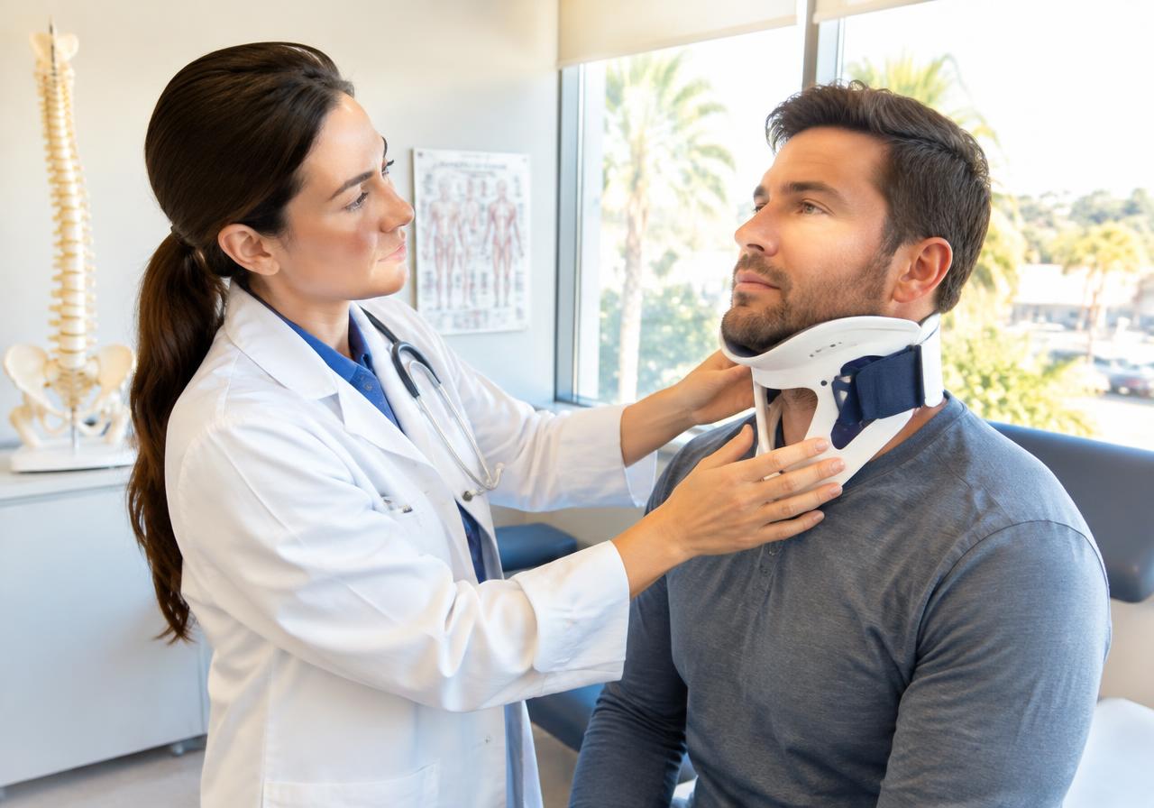 Physician examining a car accident patient wearing a neck brace