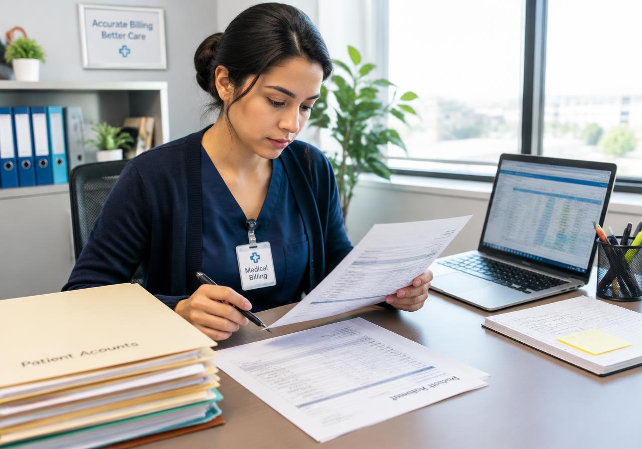 Billing specialist reviewing an itemized medical statement and patient case files