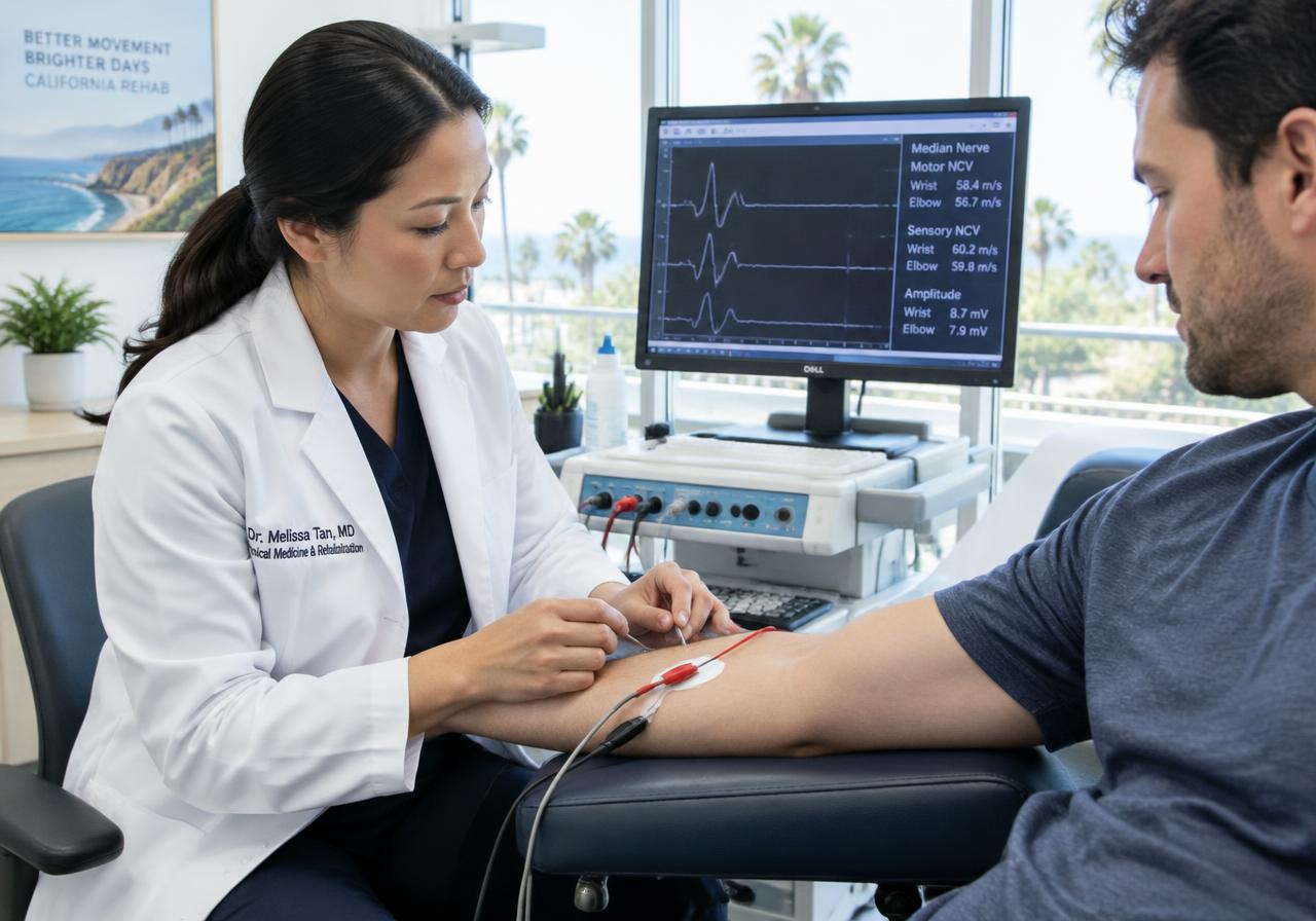 Physiatrist performing a nerve conduction study on a patient's forearm in a California rehabilitation clinic