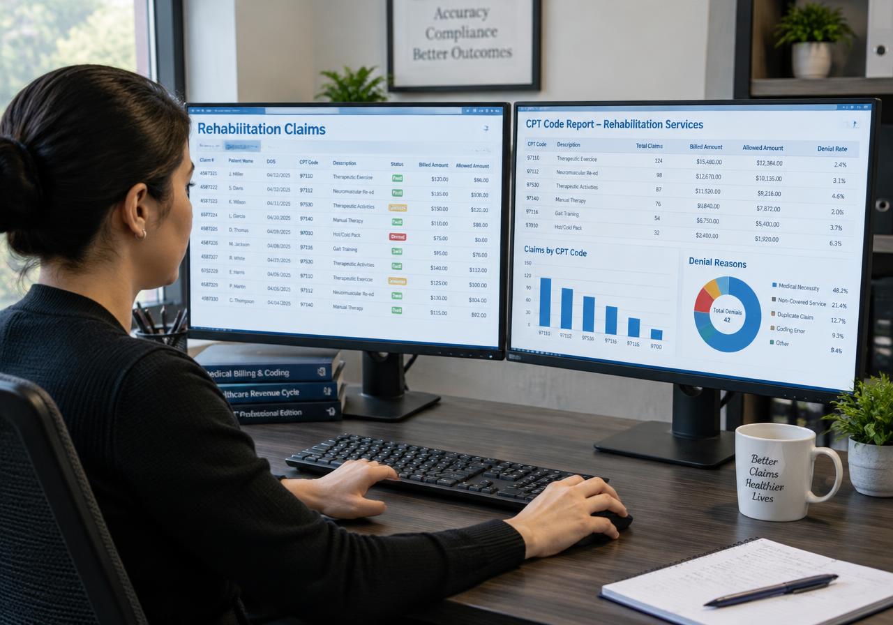 Billing specialist reviewing rehabilitation claims and CPT code reports on two monitors