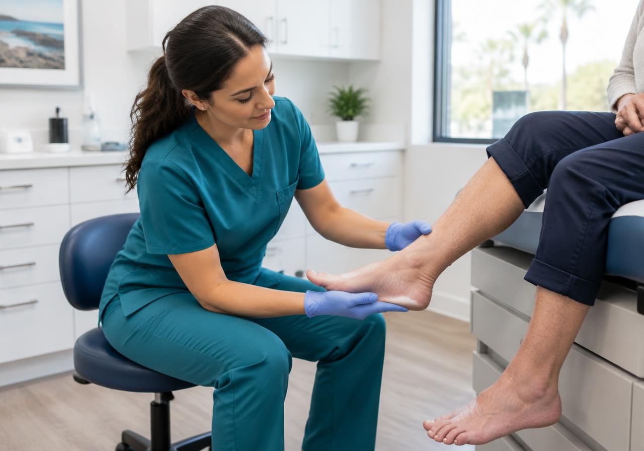 Podiatrist examining a patient's foot and ankle in a bright clinic