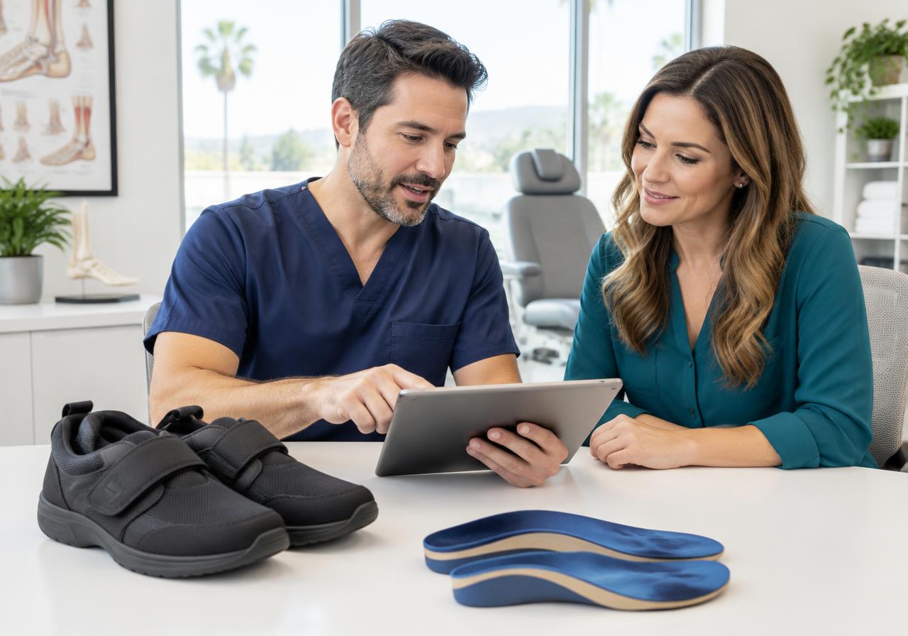 Podiatrist and administrator reviewing care documentation beside therapeutic shoes and orthotics