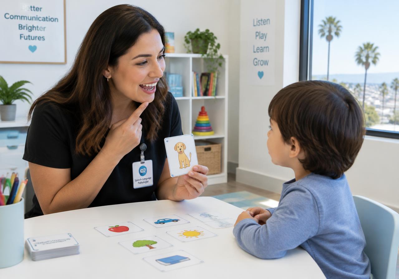 Speech-language pathologist using picture cards with a young child in a bright therapy room