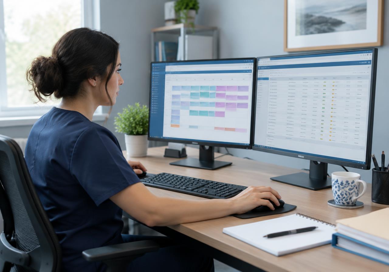 Billing specialist reviewing therapy session schedules and claims on two monitors