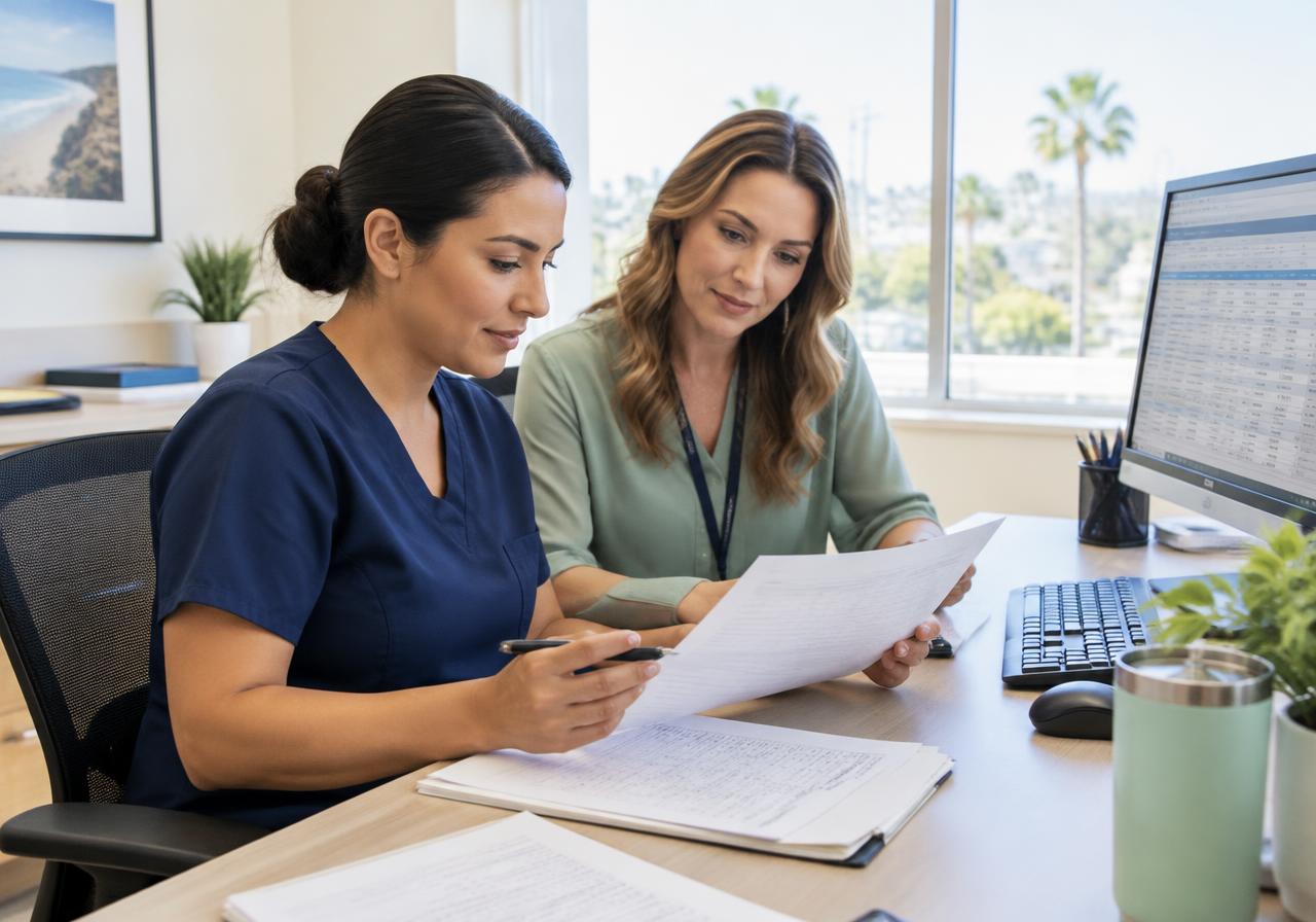 Illustrative medical billing specialist and practice manager reviewing a billing workflow