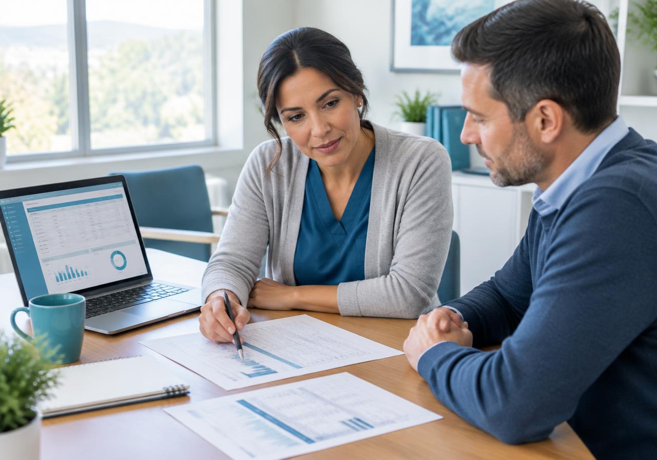 Illustrative practice manager and billing specialist discussing revenue reports