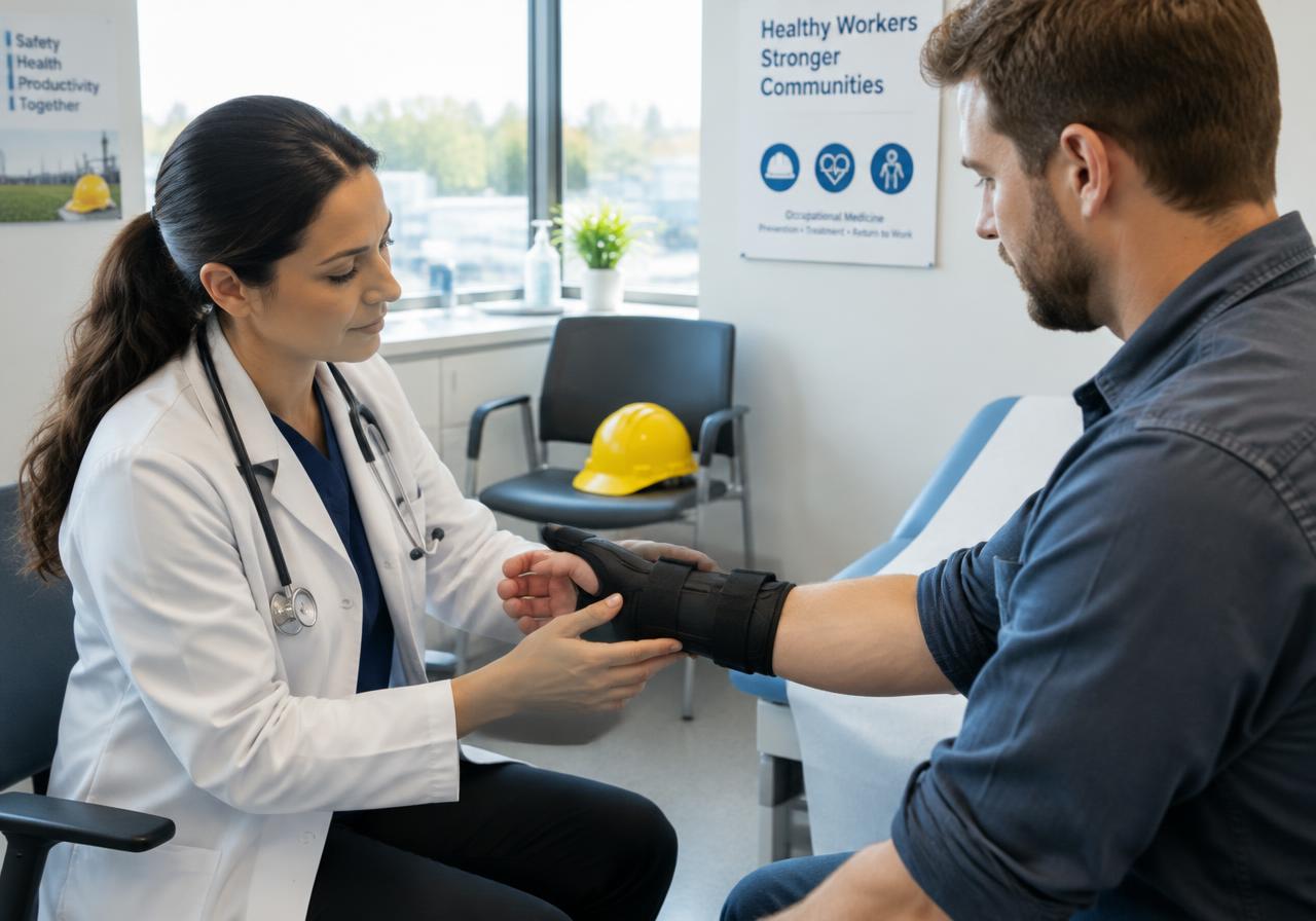 Physician examining an injured worker's wrist in an occupational medicine clinic