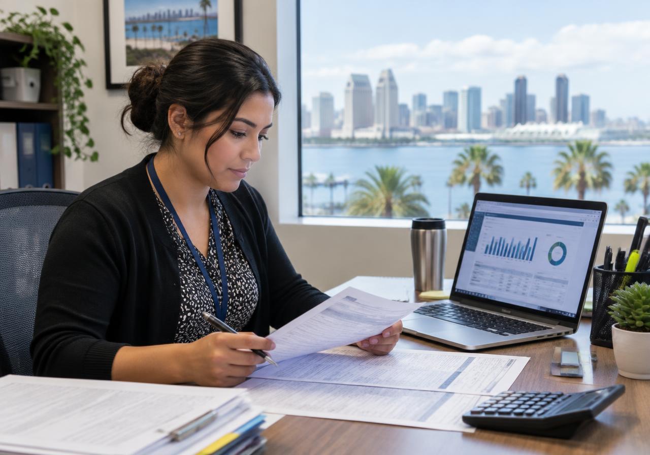 Billing specialist reviewing workers' compensation claim forms and payment reports